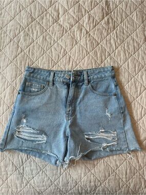 Pink Lily Light Blue Distressed Relaxed Fit  Denim Shorts